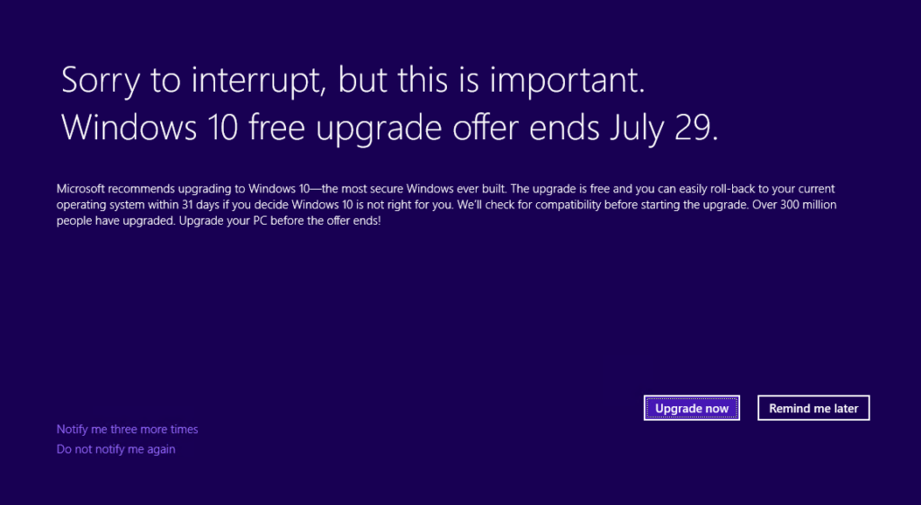 Windows 10 fin de mise à niveau gratuite 29/07/2016
